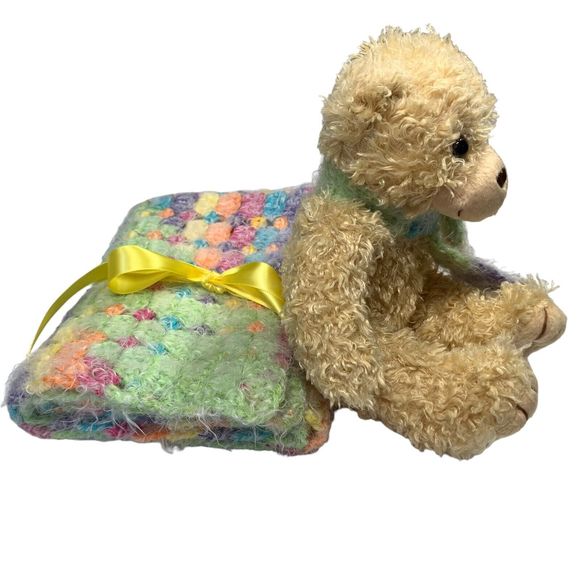Baby Lovey Small Security Blanket Soft Multicolor Crochet Teddy Bear with Scarf - Picture 5 of 14